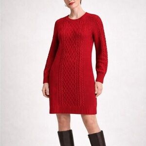 Lands’ End Cable Knit Sweater Dress Red Long Sleeve M 10/12 Winter Cozy Holiday